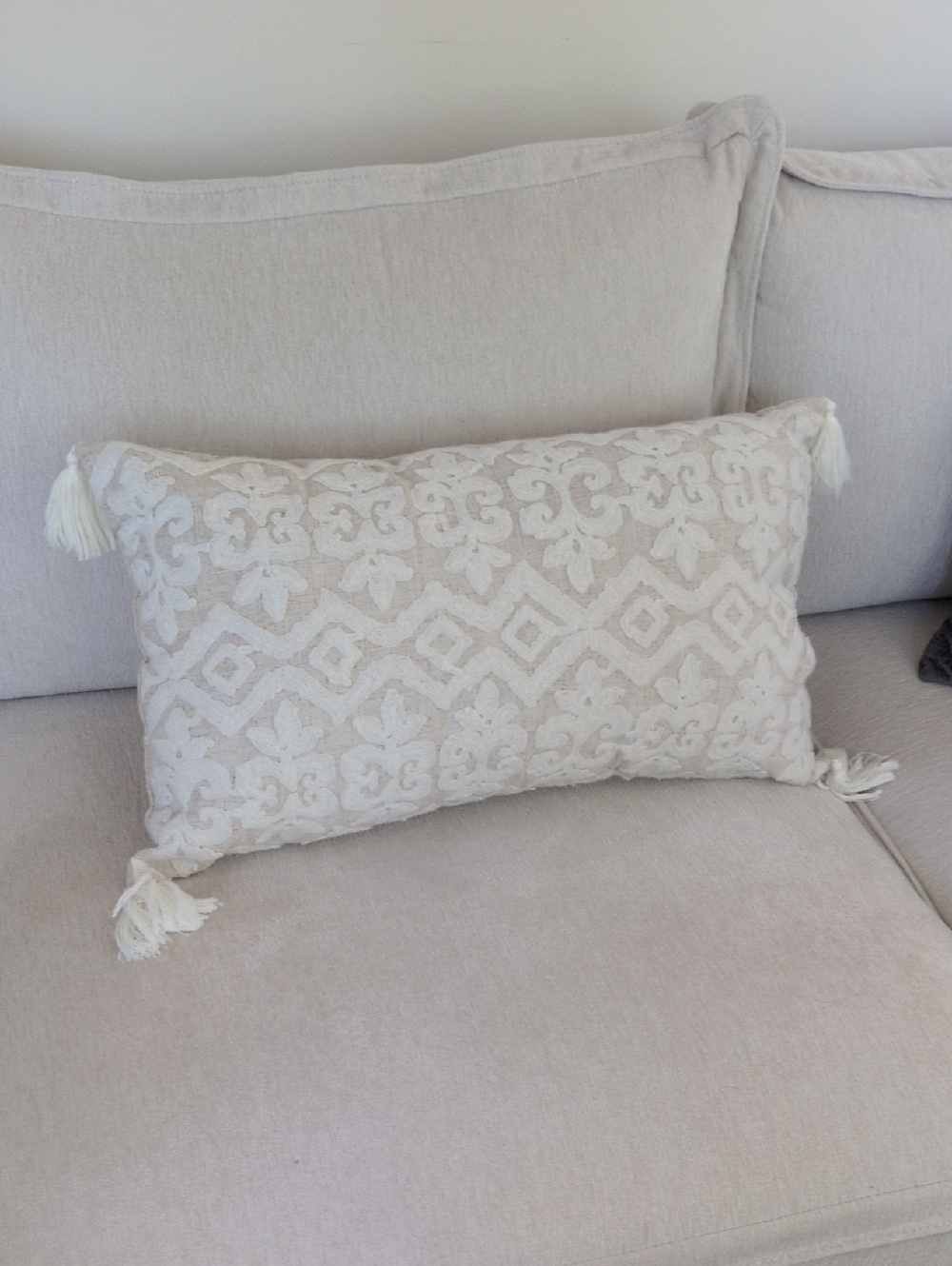 Neutral Decorative Tassel Lumbar Pillow - Cream